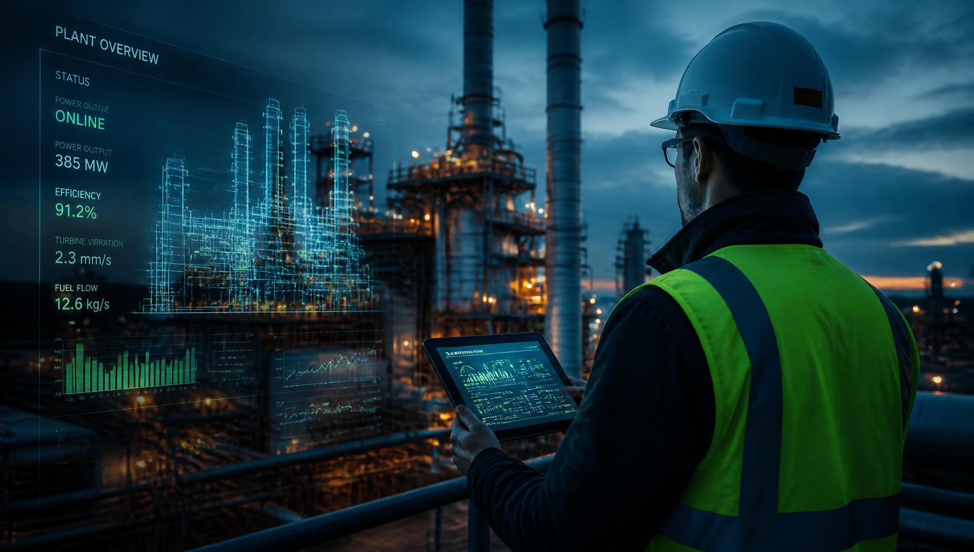 Engineer reviewing live plant condition data on a tablet at an industrial facility