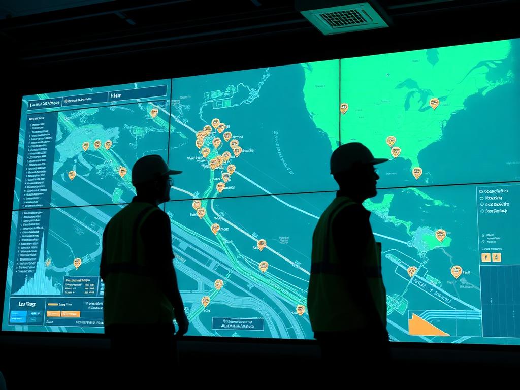 Control room wall showing live worker location tracking across a site