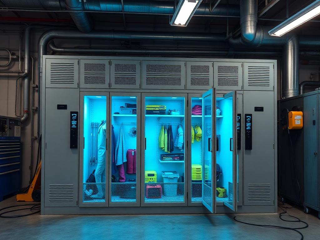 Bank of smart lockers with digital access panels holding tools and PPE