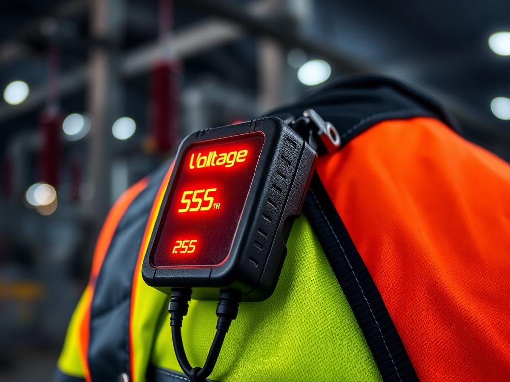 Wearable voltage detection device clipped to a high-visibility vest